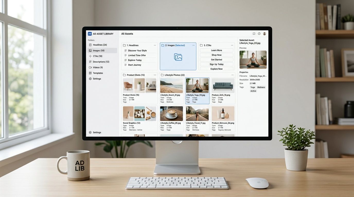 A sleek modern office computer screen displaying an ad asset library interface for digital marketing content.