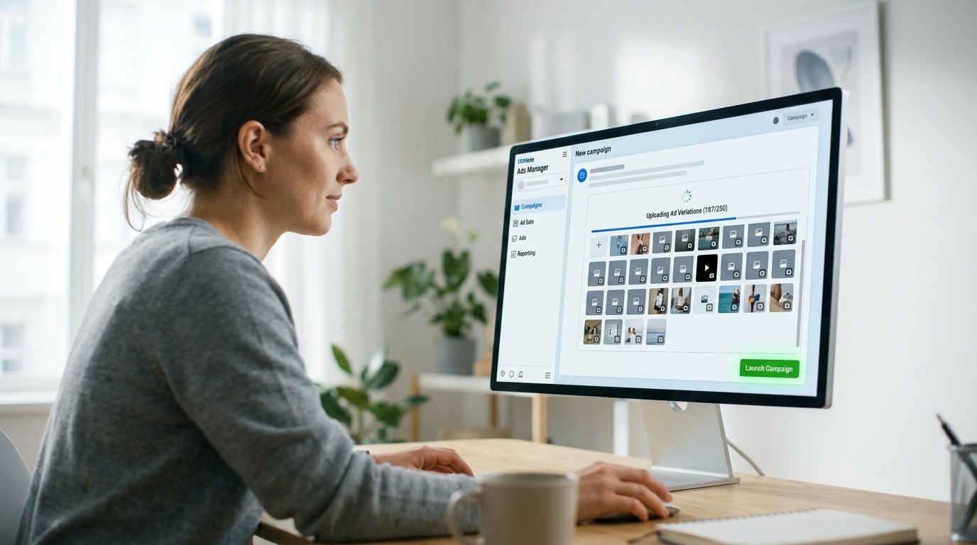 A woman working on a computer screen displaying an ad manager dashboard for creating multiple ad variations.