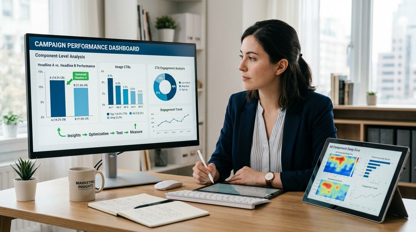 A professional woman analyzing marketing performance metrics on a computer monitor and tablet at her office desk.