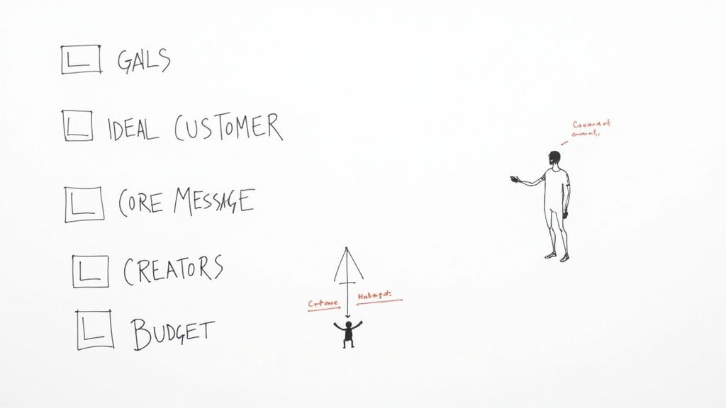 Hand-drawn checklist showing goals, ideal customer, core message, creators, and budget for TikTok advertising strategy