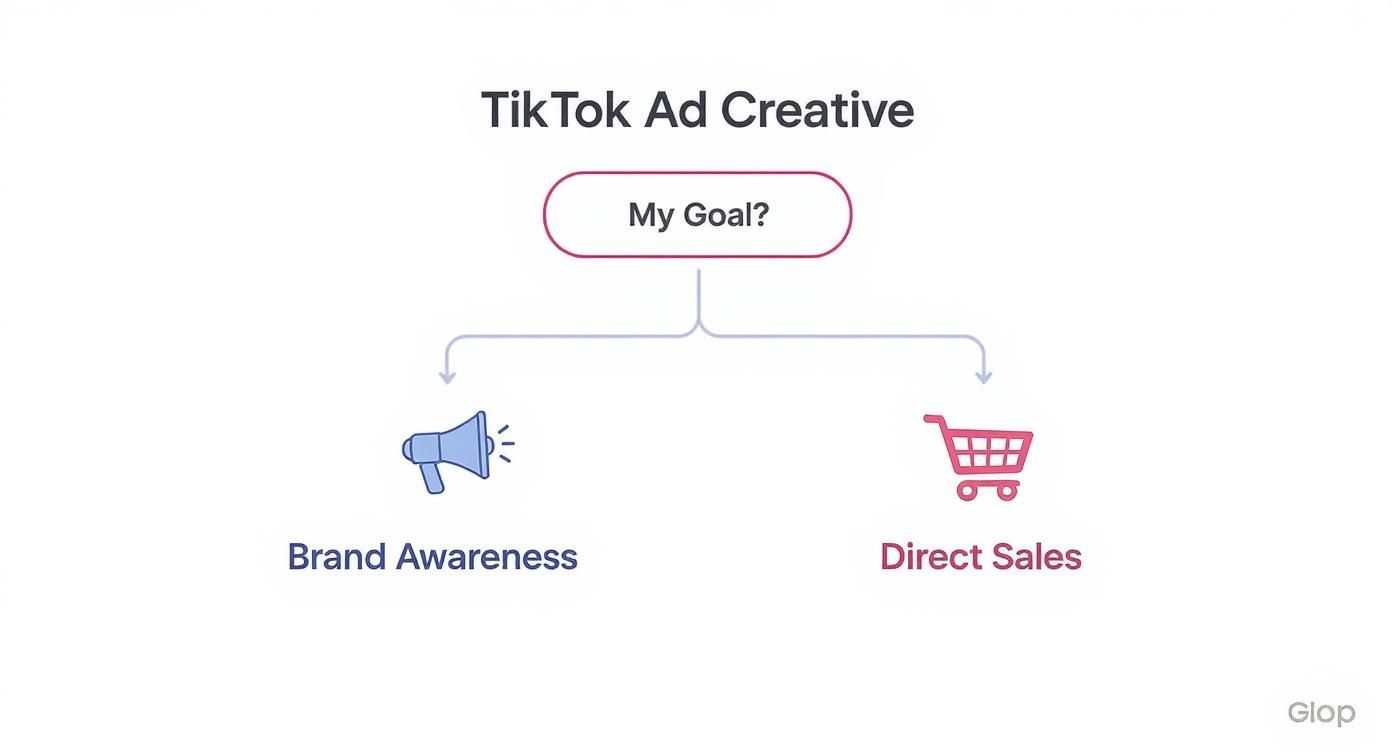 TikTok ad creative flowchart showing brand awareness and direct sales goal options diagram