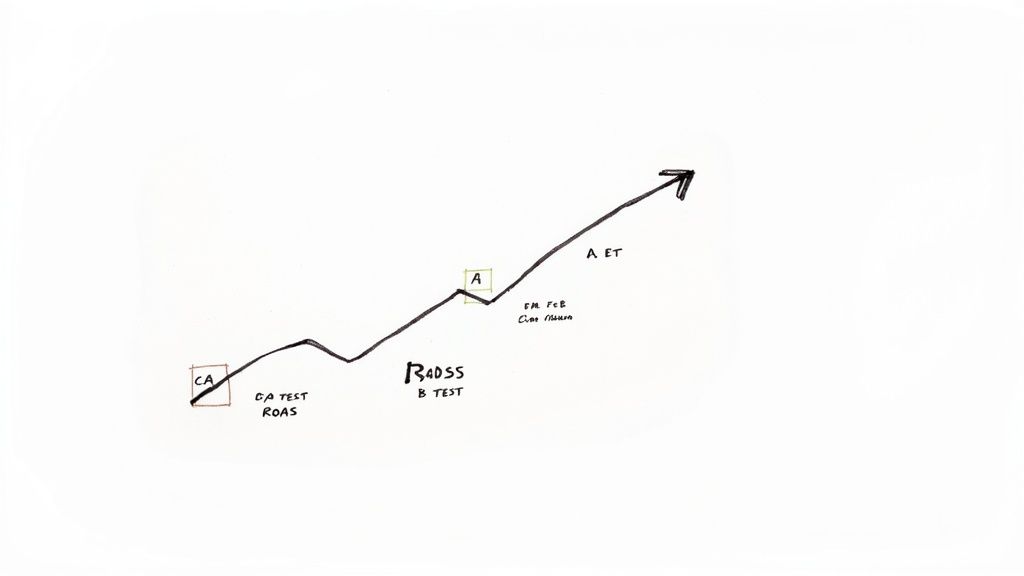 Business growth chart showing upward trajectory from CA test phase through beta testing to A/ET launch