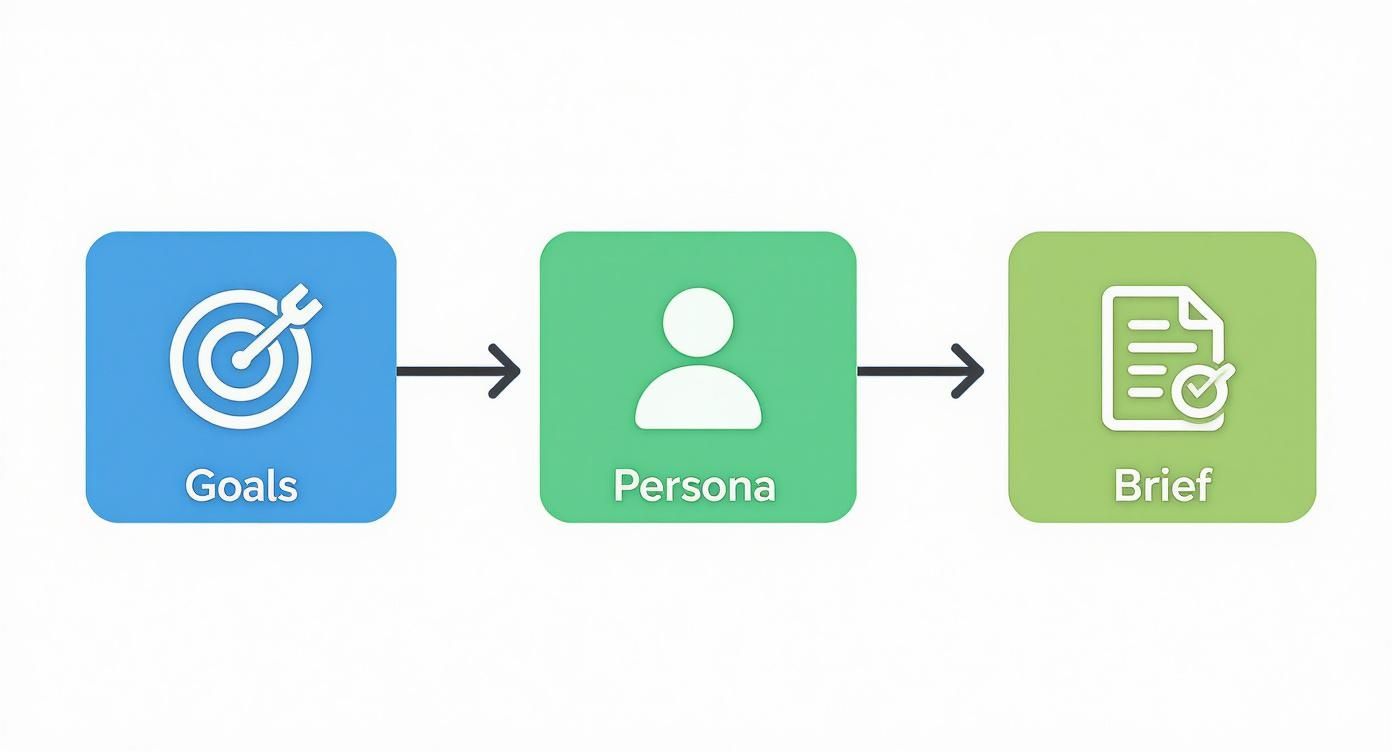 Flowchart illustrating the process from defining project goals to identifying the persona and creating a brief.
