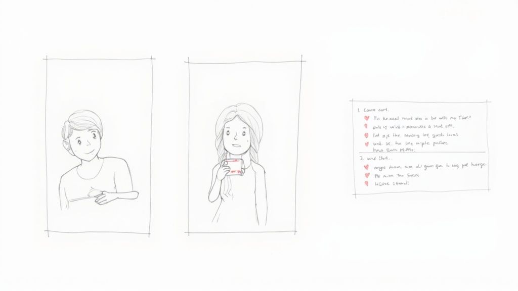 A sketch of two people next to a handwritten list of ideas with heart bullet points.