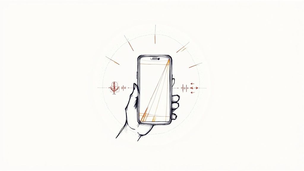 An illustration of a hand holding a smartphone, depicting voice interaction and sound waves.