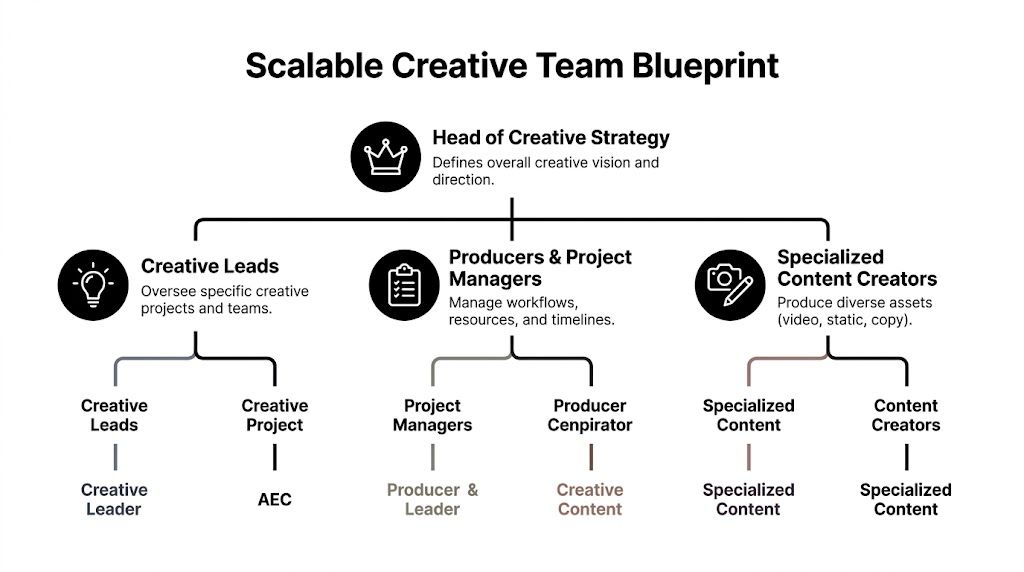 A hierarchical organizational chart titled Scalable Creative Team Blueprint showing roles from strategy to content production.
