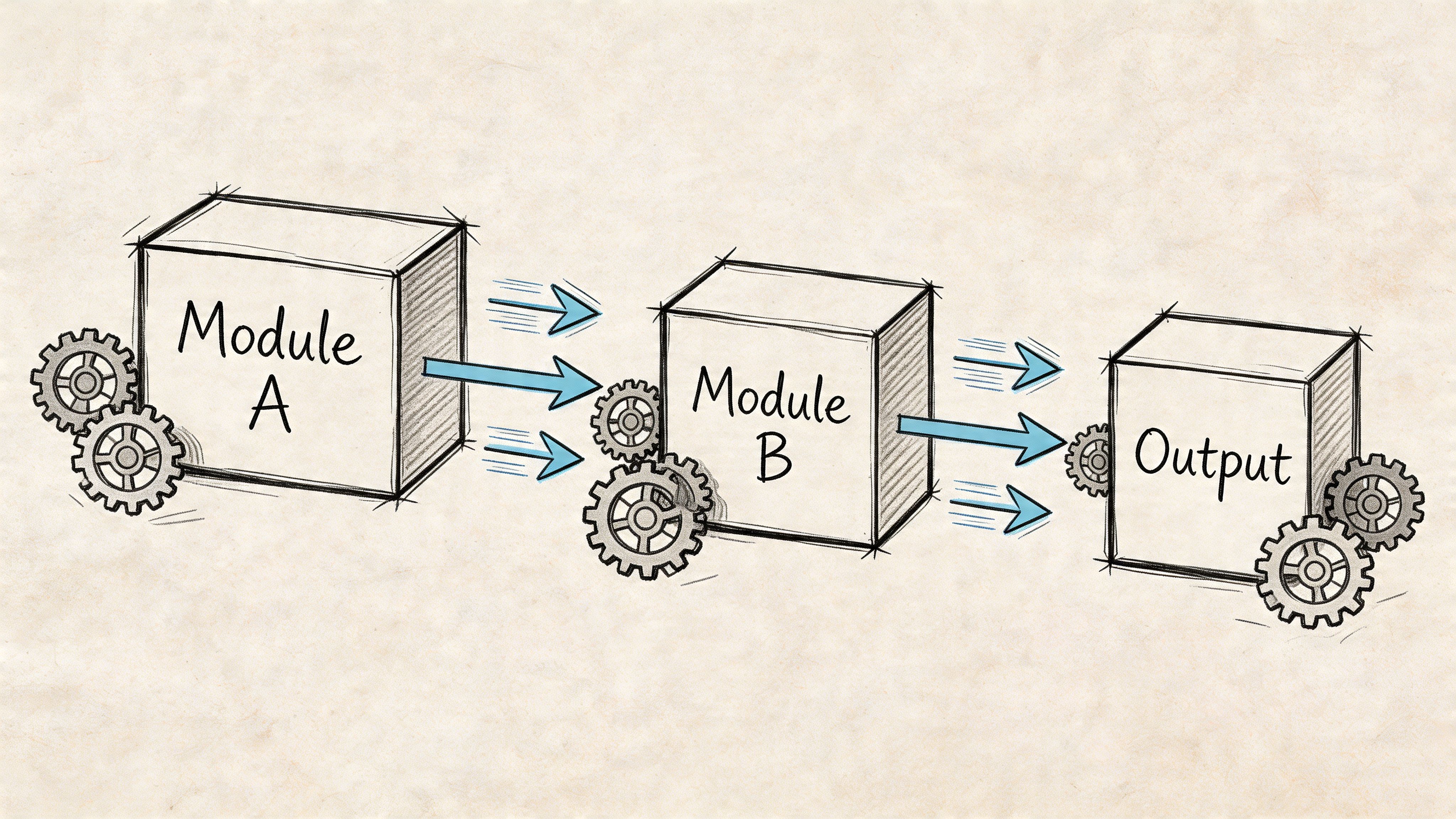 A conceptual diagram showing a workflow with Module A and Module B feeding into a final Output.