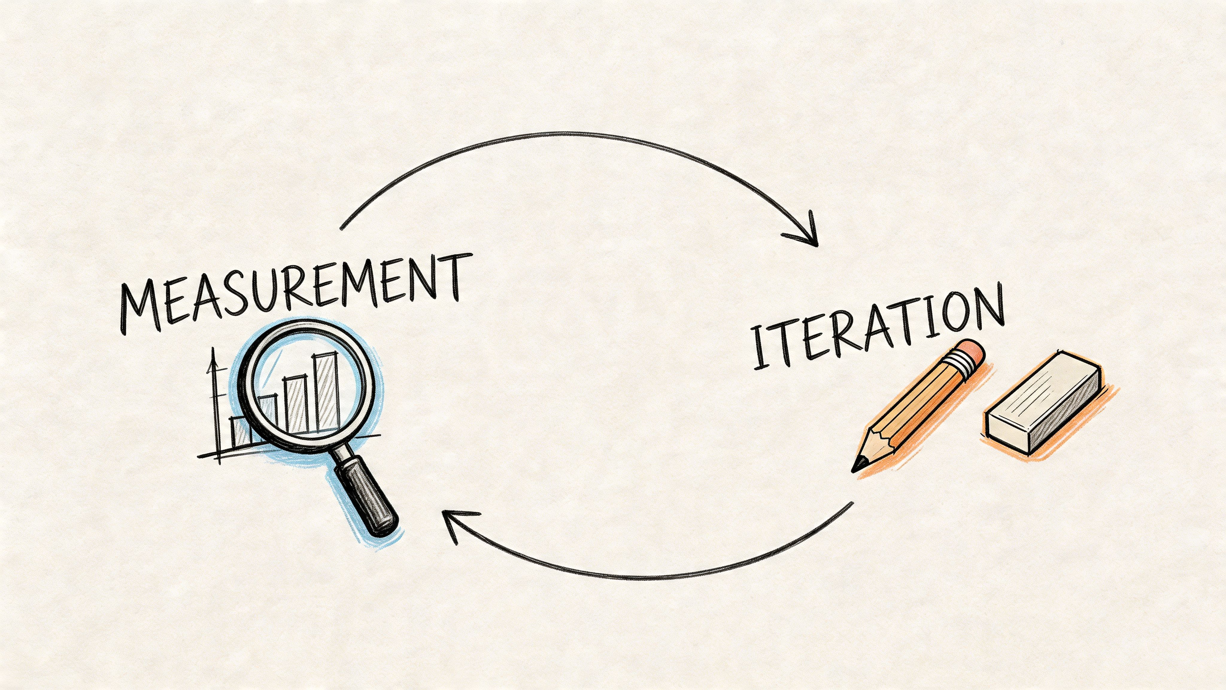 A hand-drawn illustration showing a cycle between measurement using a magnifying glass and iteration using a pencil.