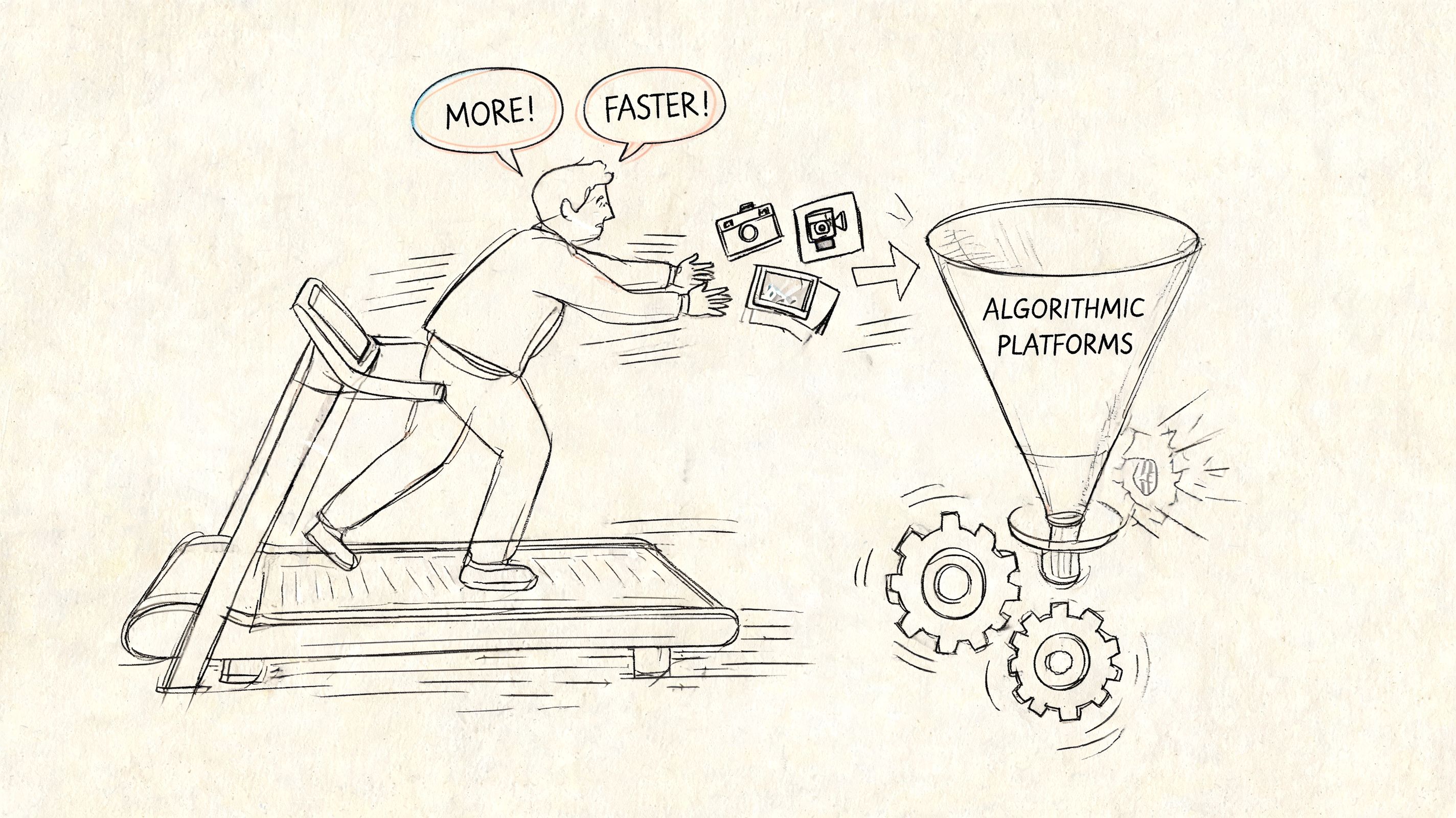 A conceptual sketch showing a person running on a treadmill, feeding media content into an algorithmic funnel.