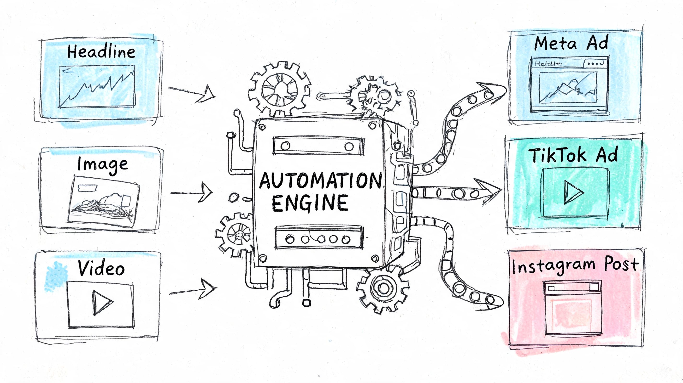 A hand-drawn illustration showing content inputs entering an automation engine to produce multiple social media ads.
