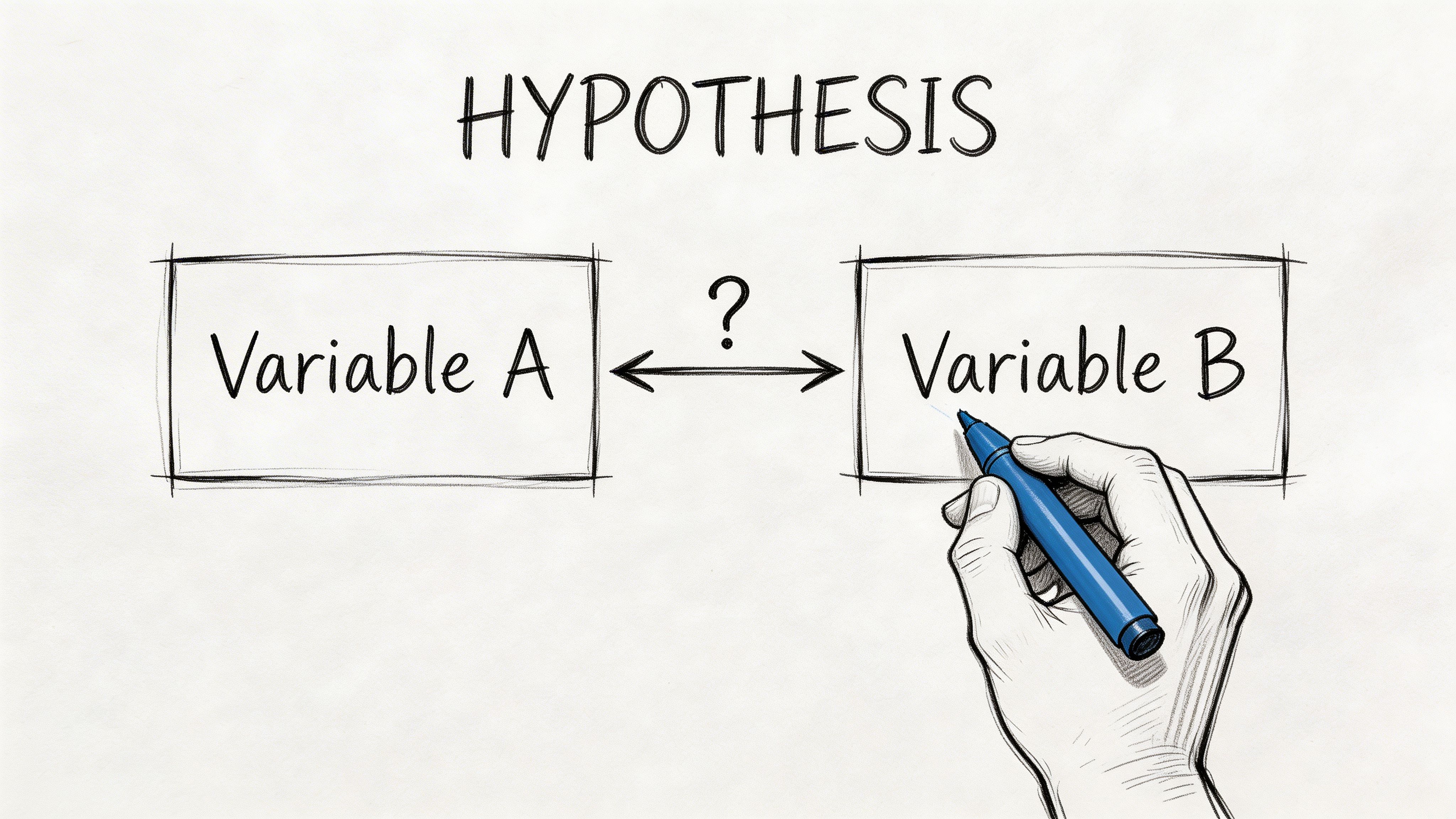 A hand holding a blue marker sketching the relationship between Variable A and Variable B on paper.