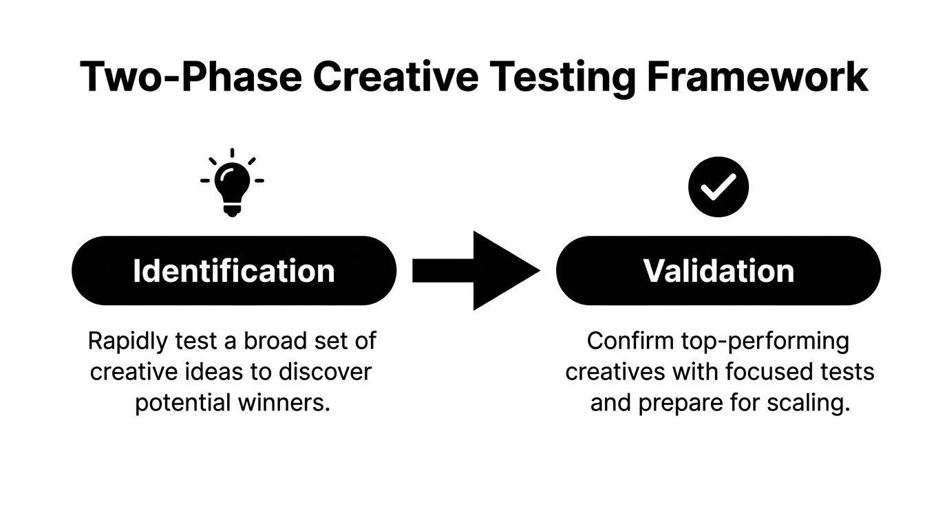 A diagram illustrating a two-phase creative testing framework starting with identification and moving to validation.