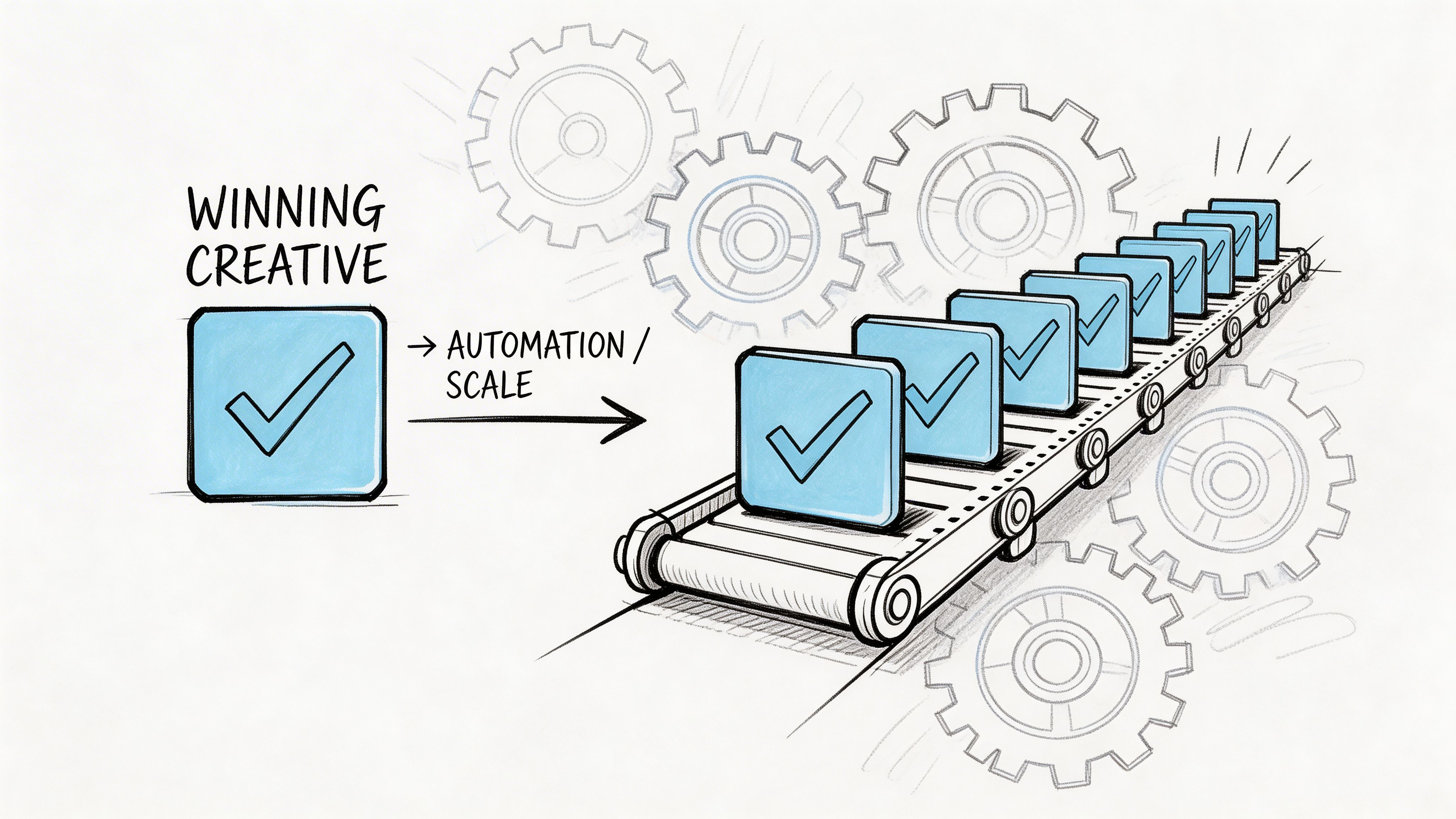 A conceptual illustration showing a single blue checkbox icon being transformed into multiple copies through an automated conveyor belt.