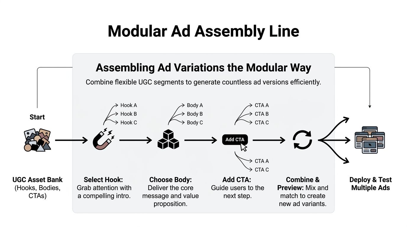 A diagram illustrating a modular ad assembly line process for turning UGC assets into multiple ad variations.