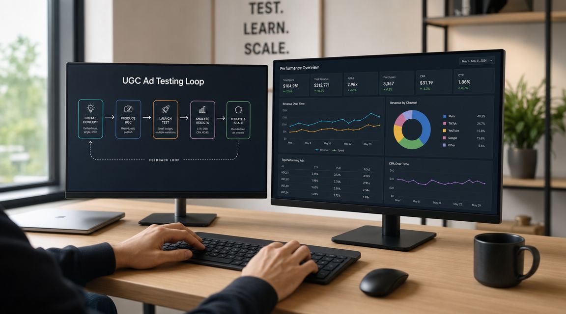 A person working at a desk with two monitors displaying UGC ad testing workflows and analytics dashboards.