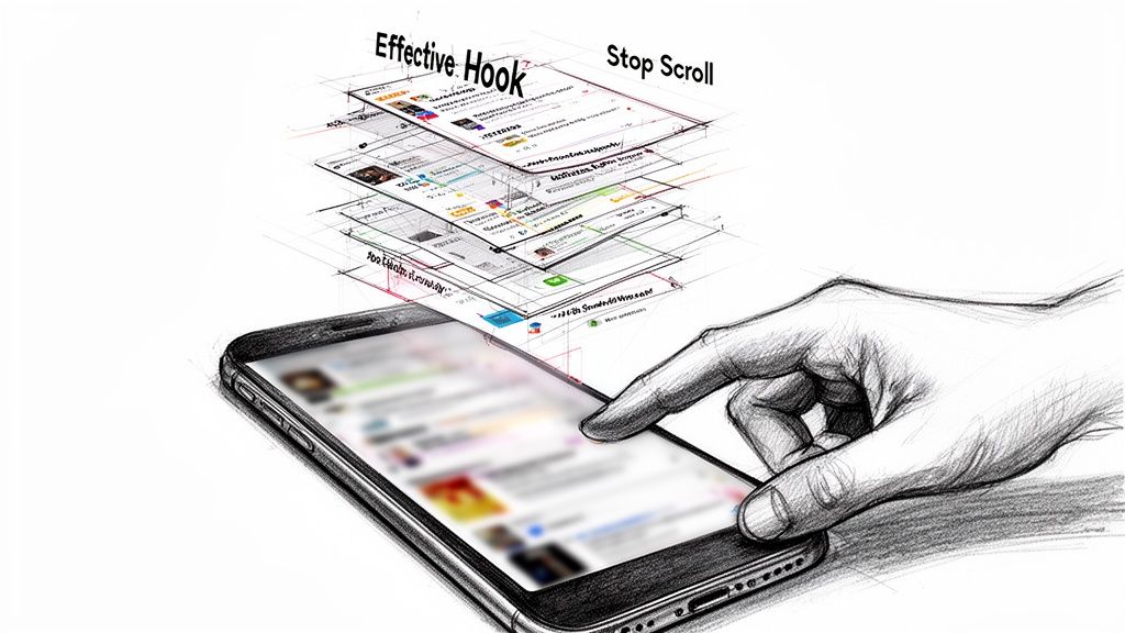 A hand touches a smartphone screen with layered social media ad drafts hovering above to illustrate engaging content.