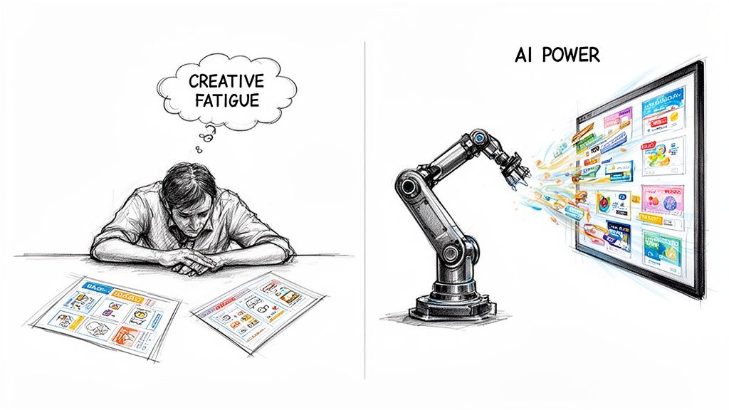 A split illustration comparing a fatigued creative person to an automated robotic arm generating digital ad designs.