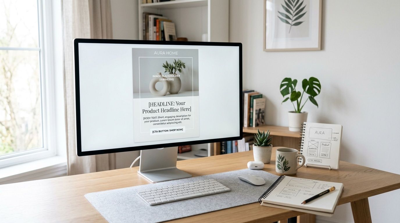 A modern home office setup featuring a computer monitor displaying an editable Instagram advertisement template design.