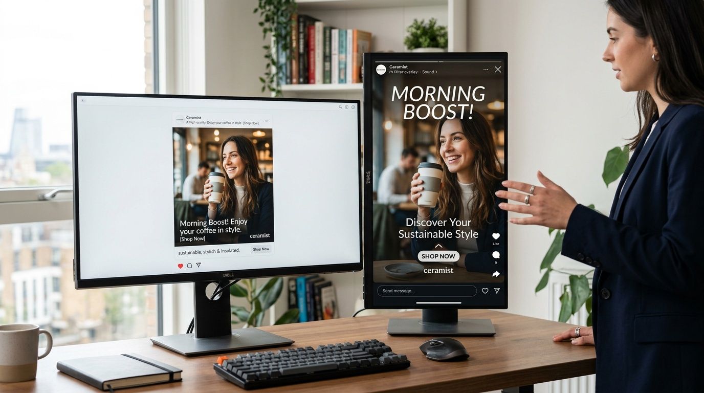 A professional woman showcasing Instagram ad template designs on two computer monitors in a bright office.