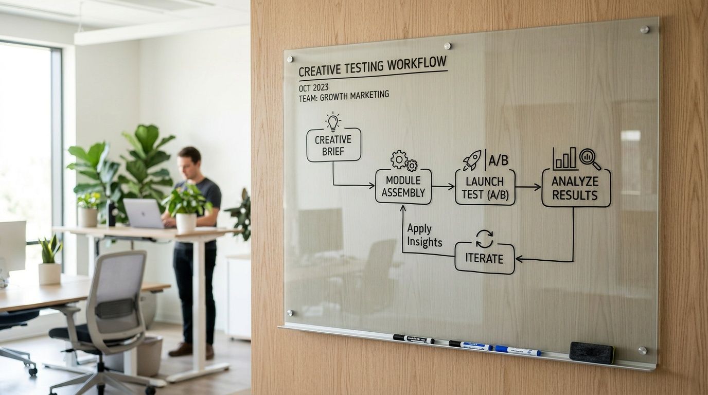 A professional glass whiteboard displaying a Creative Testing Workflow process chart in a bright modern office.