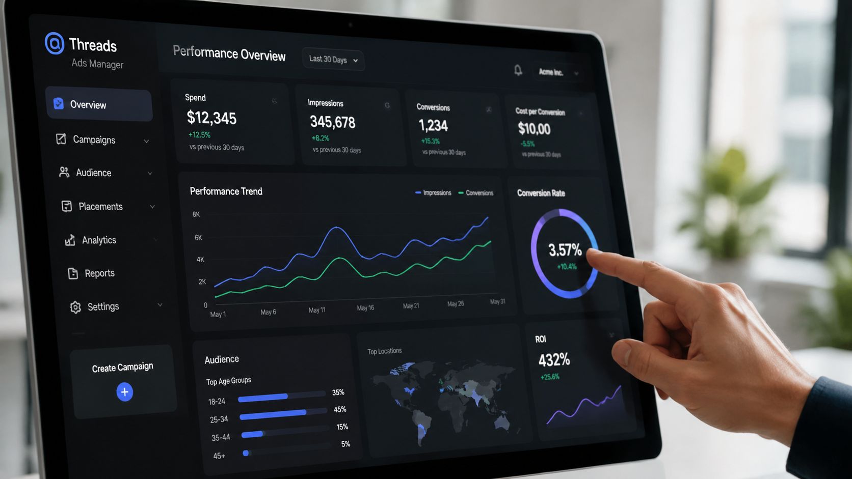 A person using a laptop to view a detailed performance analytics dashboard for Threads Ads Manager.
