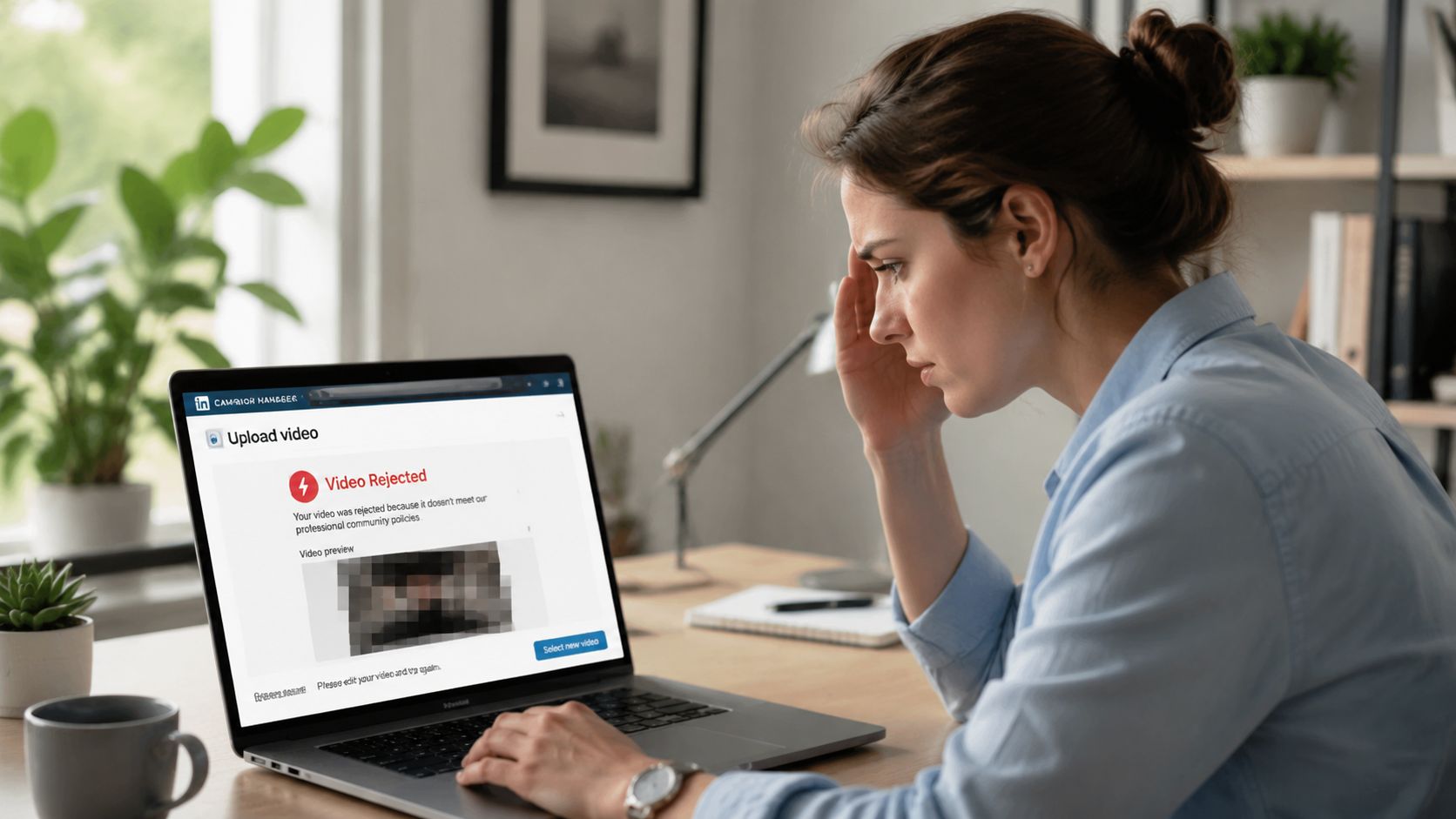 A woman looks frustrated while looking at a LinkedIn video upload rejection message on her laptop screen.