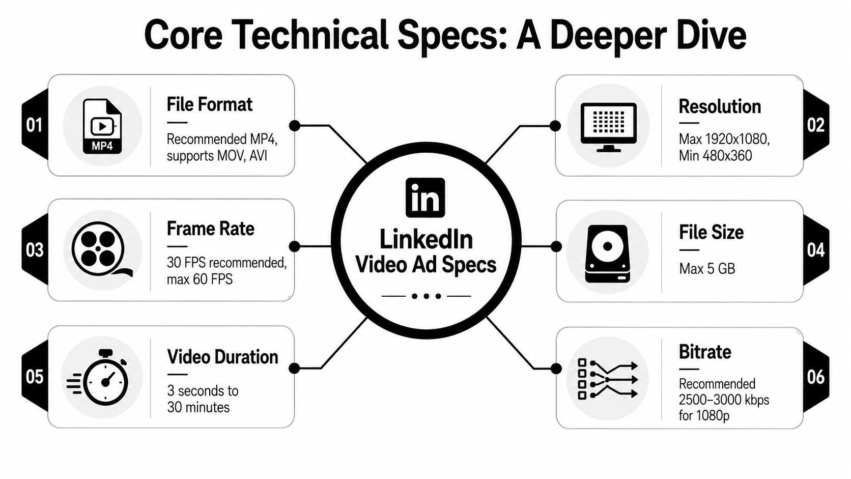 An infographic detailing technical specifications for LinkedIn video ads including file format, resolution, and duration requirements.