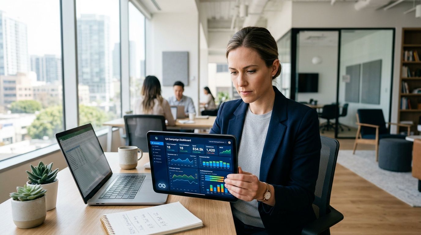 A professional woman in a modern office analyzing marketing data on her tablet and laptop.
