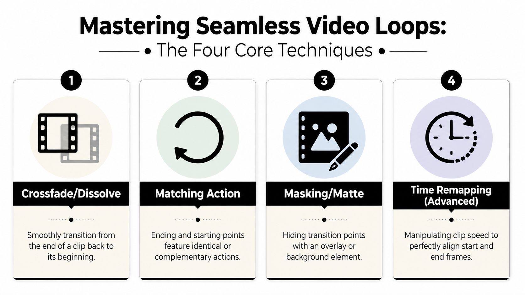 An infographic outlining four core techniques for mastering seamless video loops, including crossfades, matching action, masking, and time remapping.