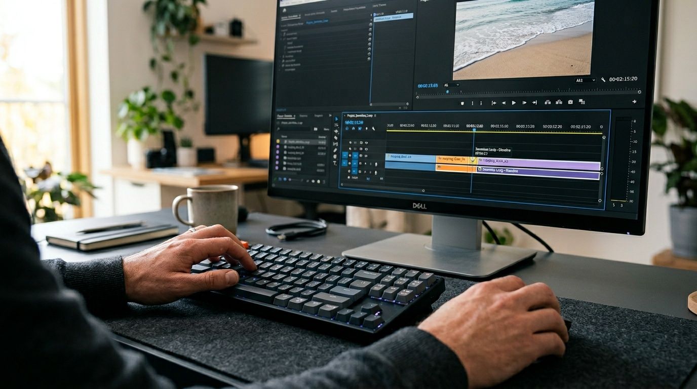 A person editing a video on a professional computer screen in a home office workspace.
