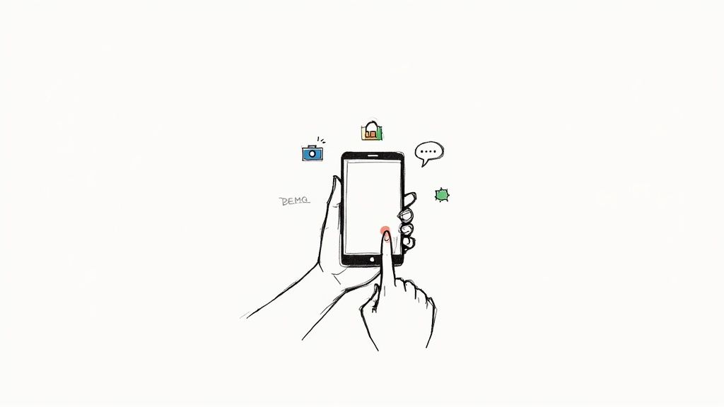 A hand holding a smartphone and touching its screen, surrounded by various app icons.
