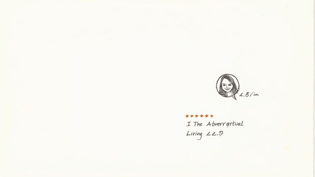 A hand-drawn illustration shows a woman's profile in a speech bubble, with a '4.8/in' rating and five stars below.