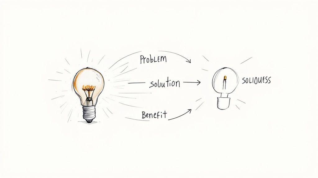 Diagram showing a bright light bulb representing an idea, leading to a solution, problem, and benefit, connecting to a dimmer bulb labeled 'SOLIOUESS'.