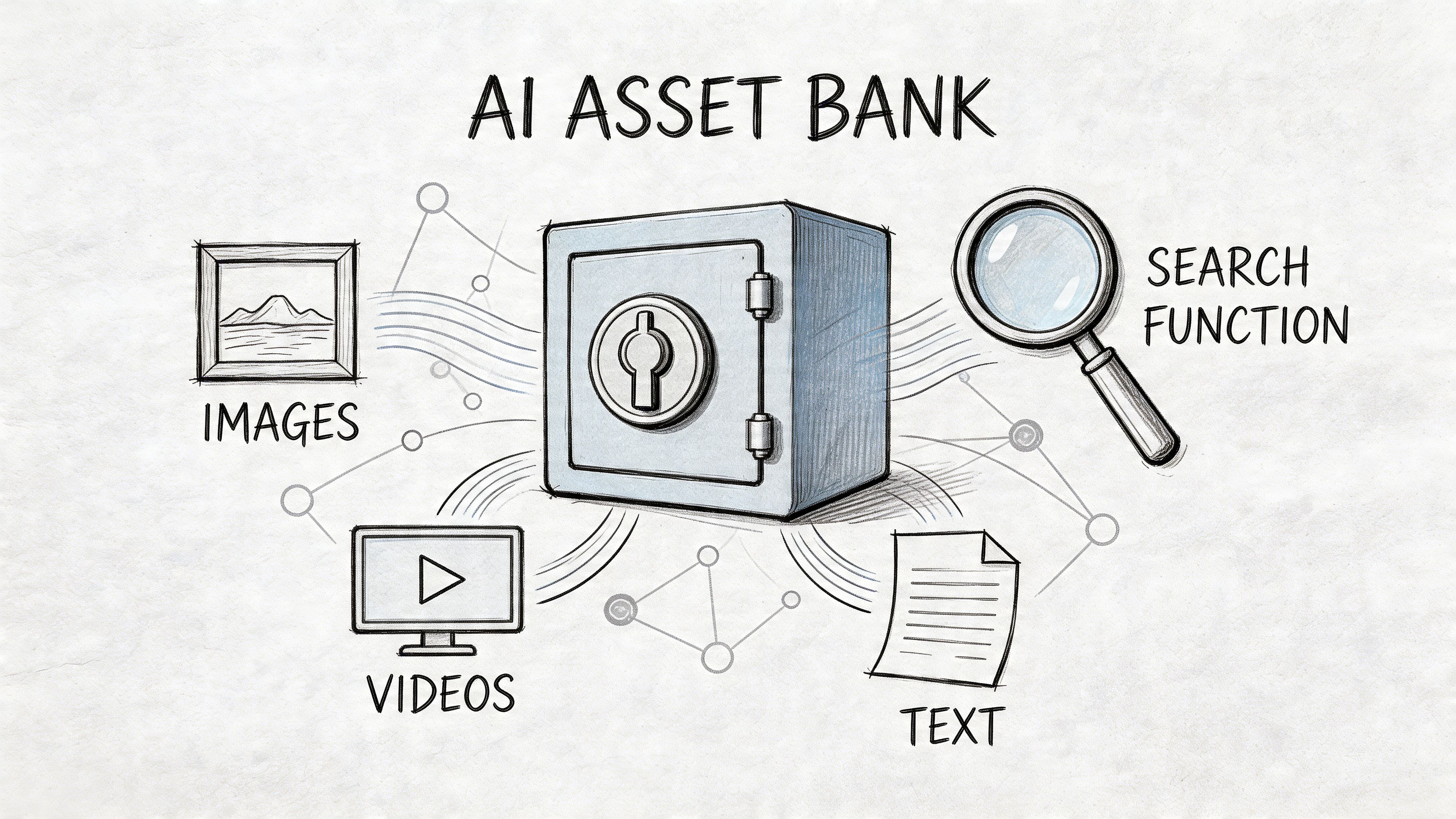 A conceptual illustration of an AI Asset Bank featuring a secure safe surrounded by images, videos, and text.