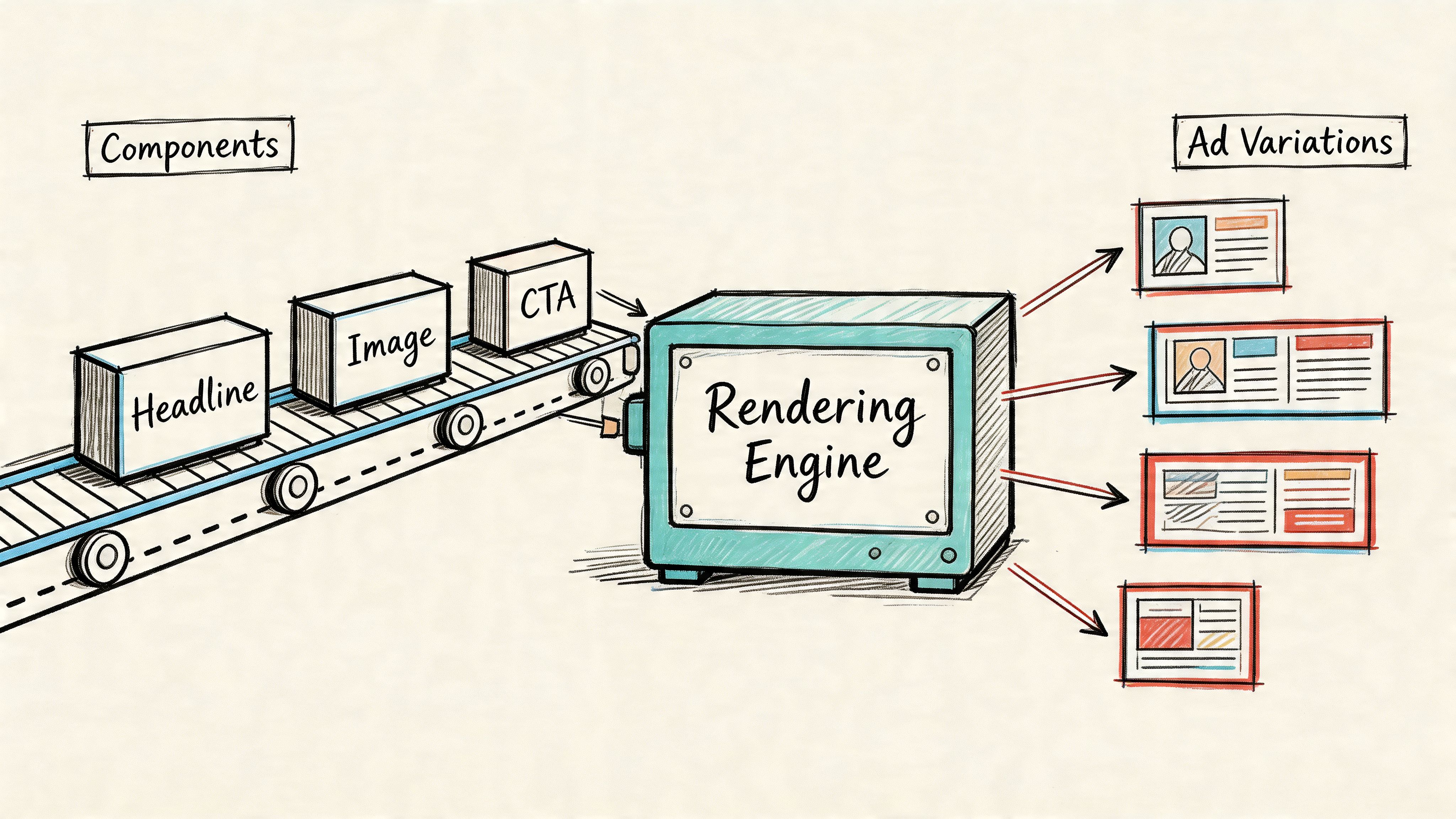 A hand-drawn illustration showing ad components being processed by a rendering engine to create multiple variations.