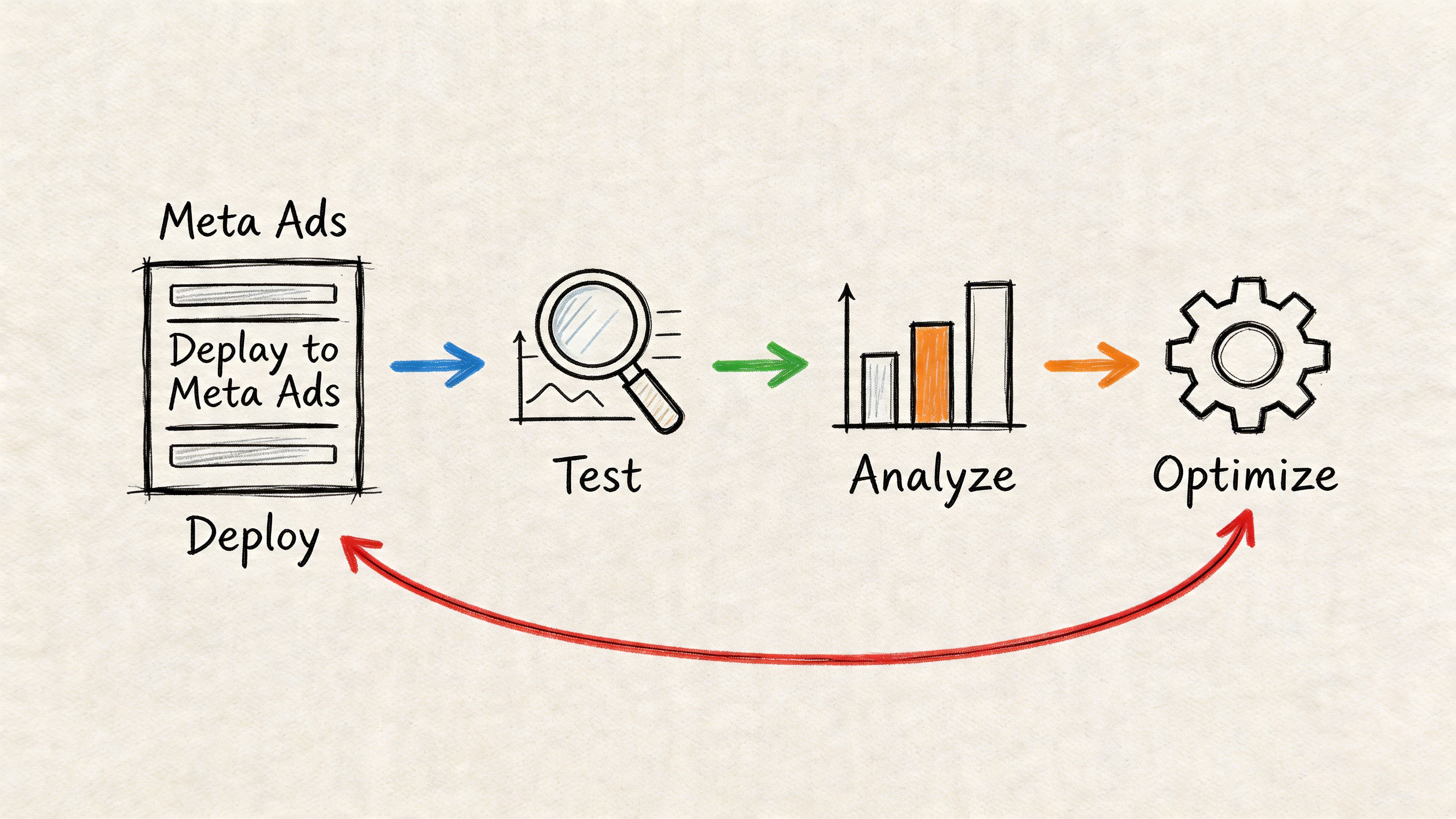 A hand-drawn process flowchart illustrating a cycle of deploying, testing, analyzing, and optimizing Meta Ads.