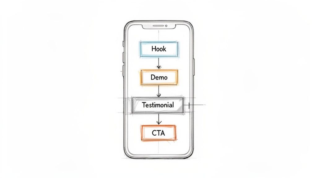 A smartphone screen illustrating a video ad framework with steps: Hook, Demo, Testimonial, CTA.