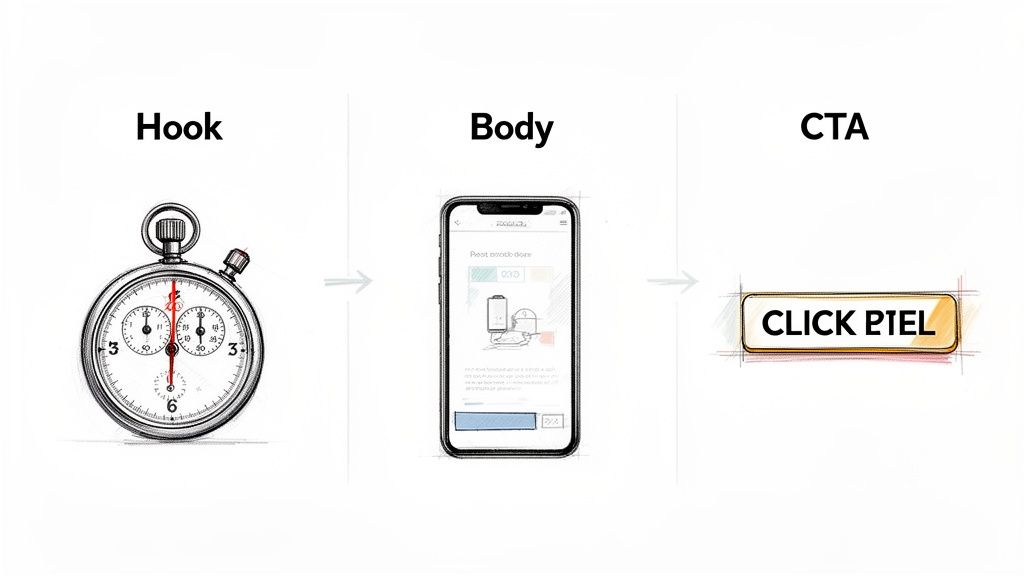 A visual representation of an ad structure: Hook (stopwatch), Body (smartphone app), and CTA (CLICK PTEL button).