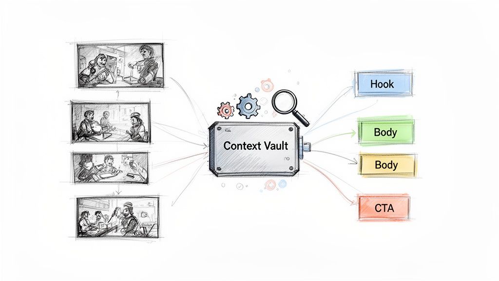 Flowchart showing contextual inputs processed by a 'Context Vault' to generate modular ad components: Hook, Body, CTA.