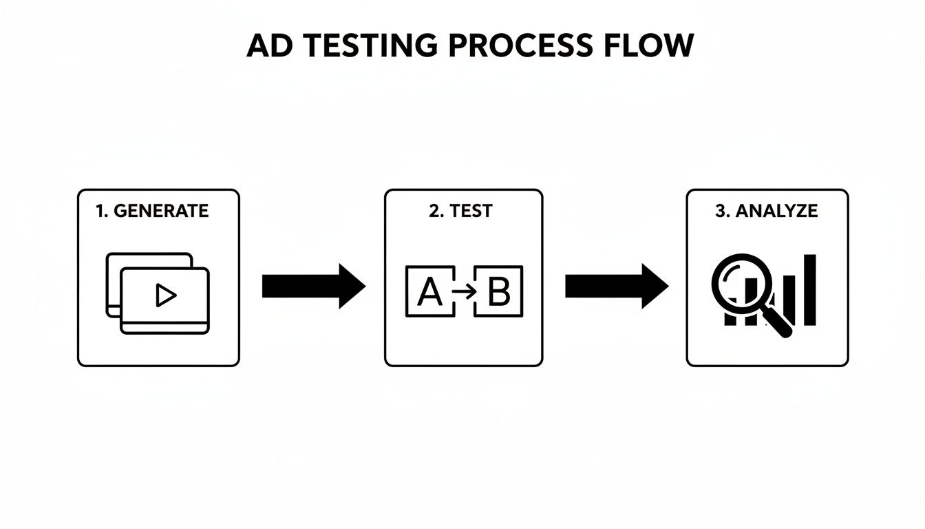 Flowchart illustrating the three-step ad testing process: generate, A/B test, and analyze results.