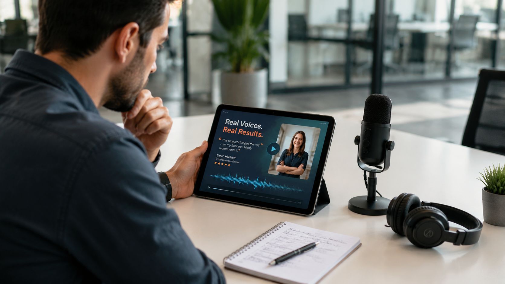 A professional man viewing a video testimonial on a tablet while sitting at a desk with equipment.