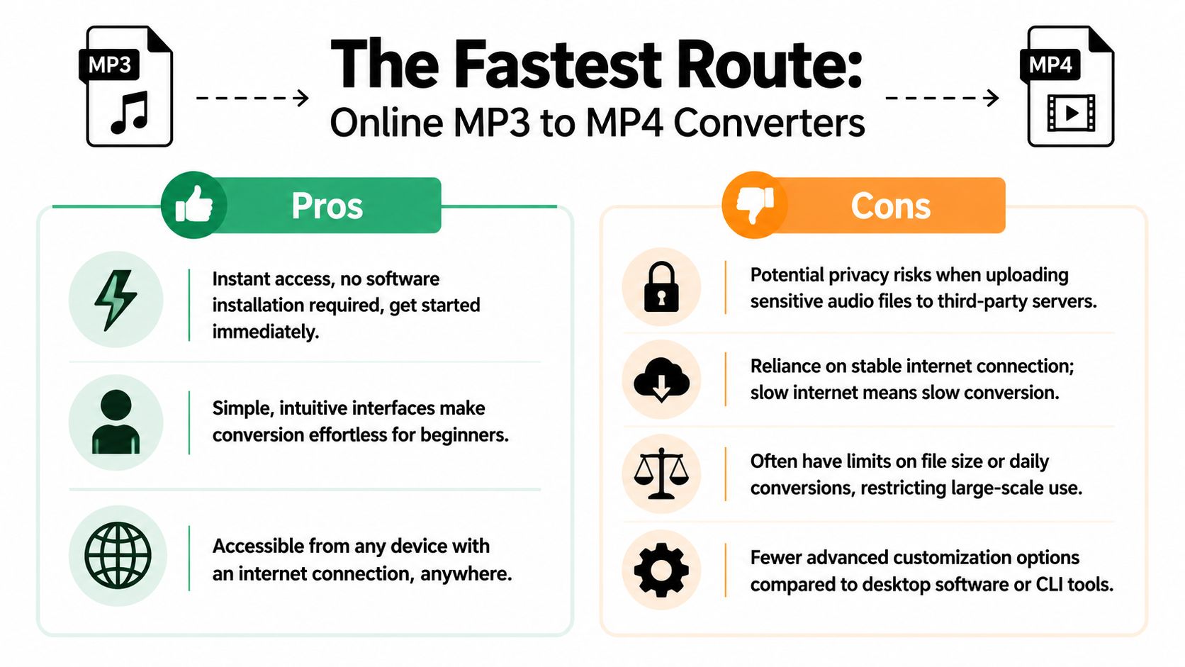 A pros and cons infographic comparing the use of online MP3 to MP4 audio conversion tools.