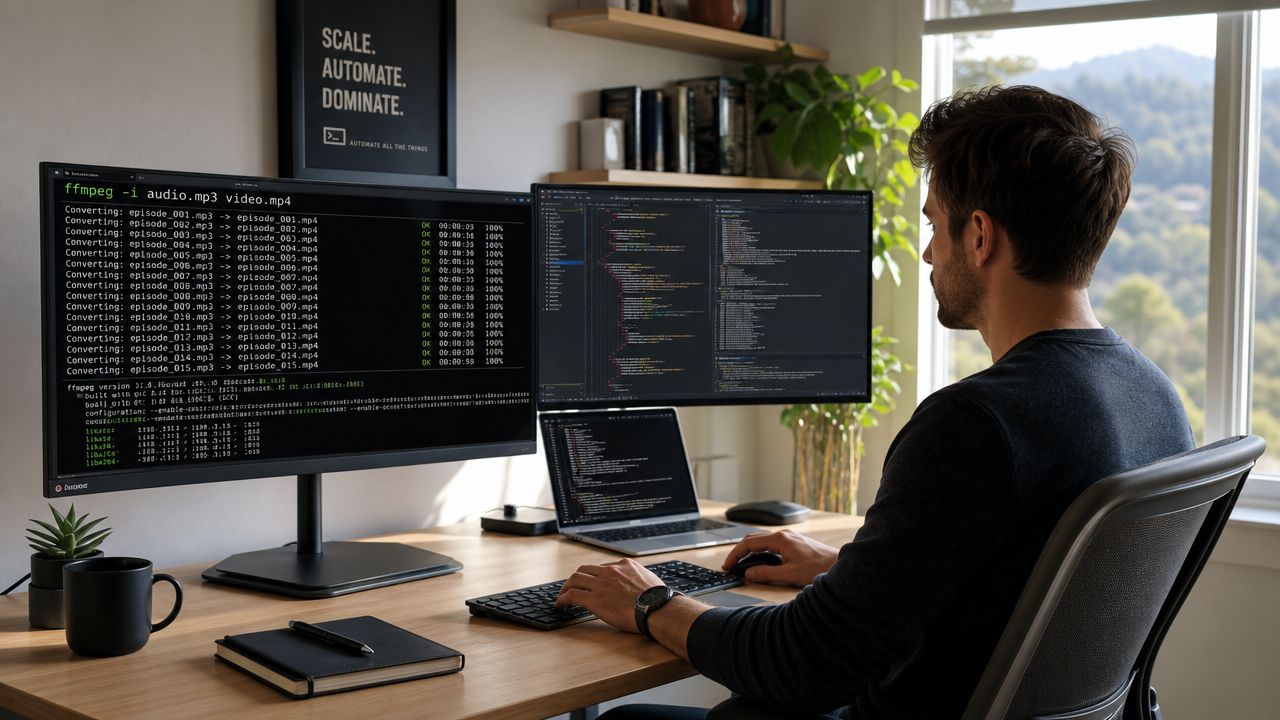 A male software developer working at a desk with multiple monitors displaying coding and ffmpeg conversion tasks.