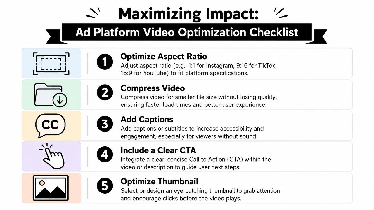 An infographic checklist titled Maximizing Impact for optimizing ad platform videos, covering aspect ratios, compression, and engagement.