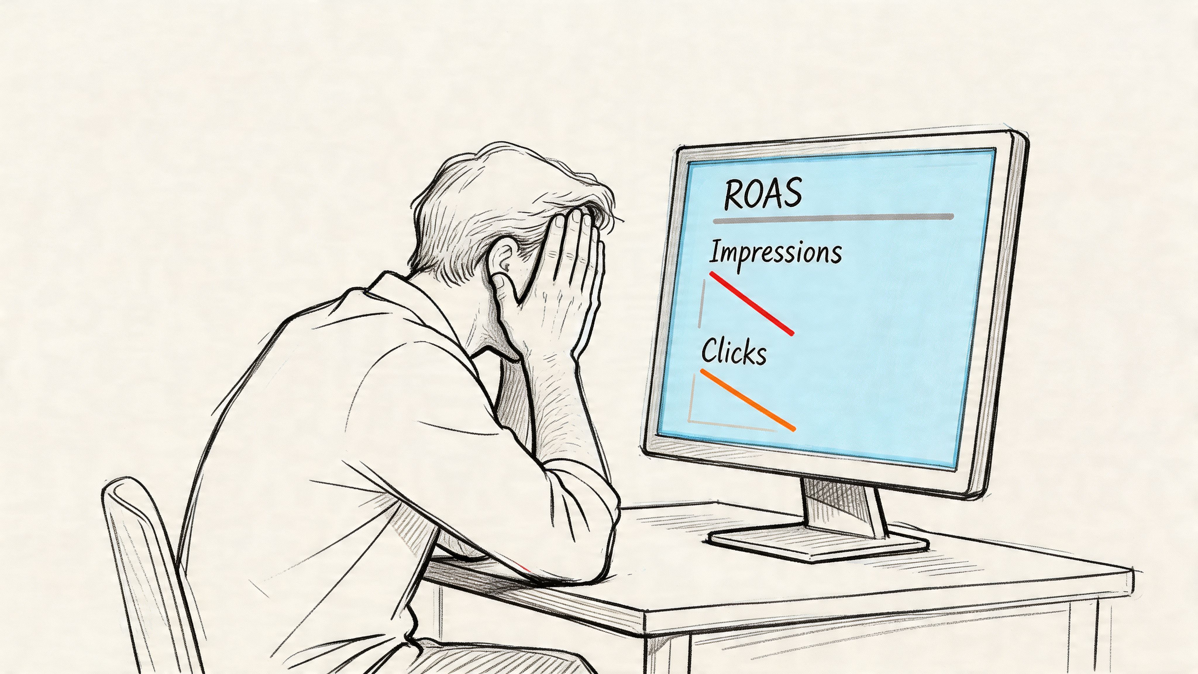 A frustrated man sitting at a desk with his head in his hands looking at a monitor.