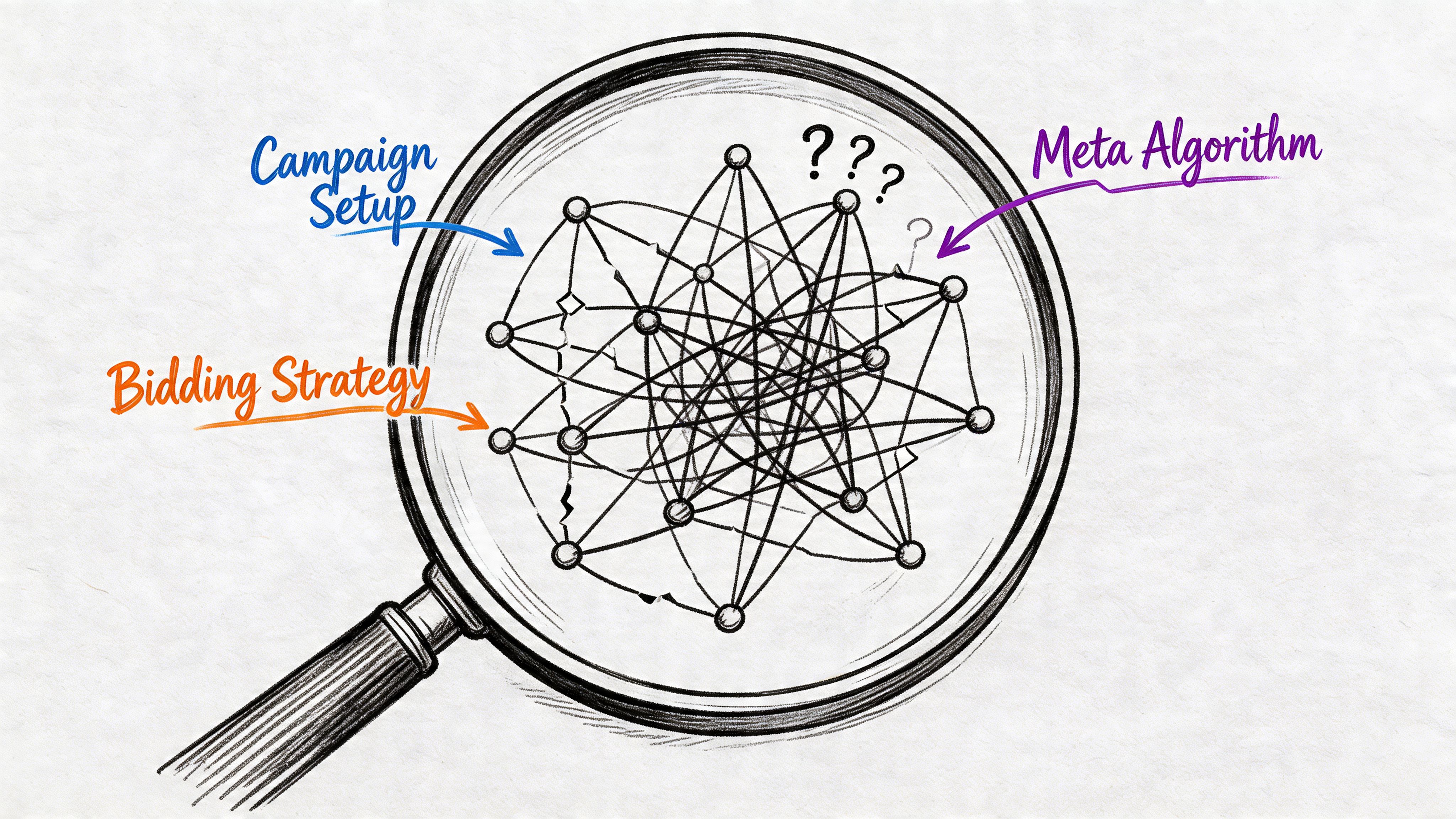 A hand-drawn illustration of a magnifying glass examining a complex, tangled network representing advertising algorithms.
