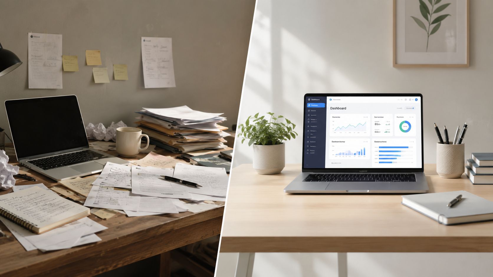 A side-by-side comparison of a messy, chaotic desk versus a clean, organized, and productive workspace.