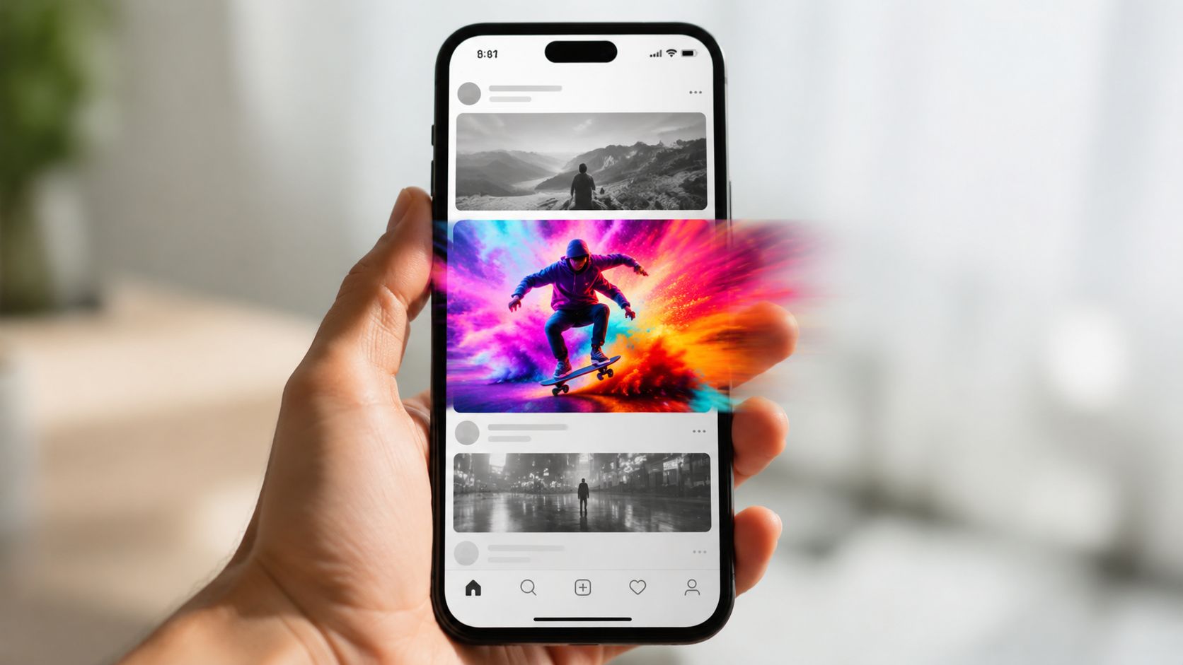 A hand holding a smartphone displaying a colorful pop-out image of a skateboarder in a social media feed.