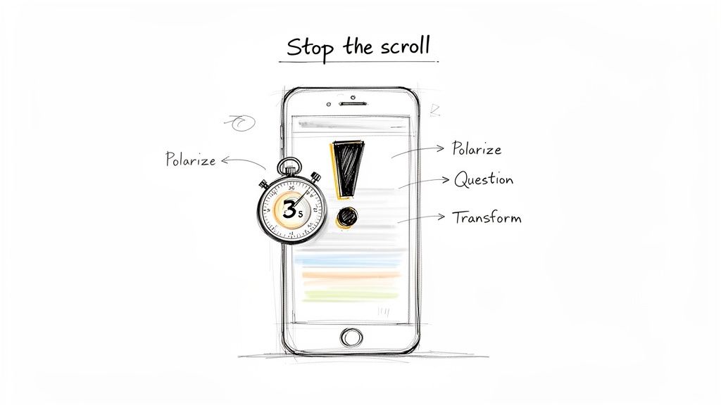 Hand-drawn sketch illustrating a mobile phone screen with 'Stop the scroll' advice, including 'Polarize', 'Question', and 'Transform' elements.