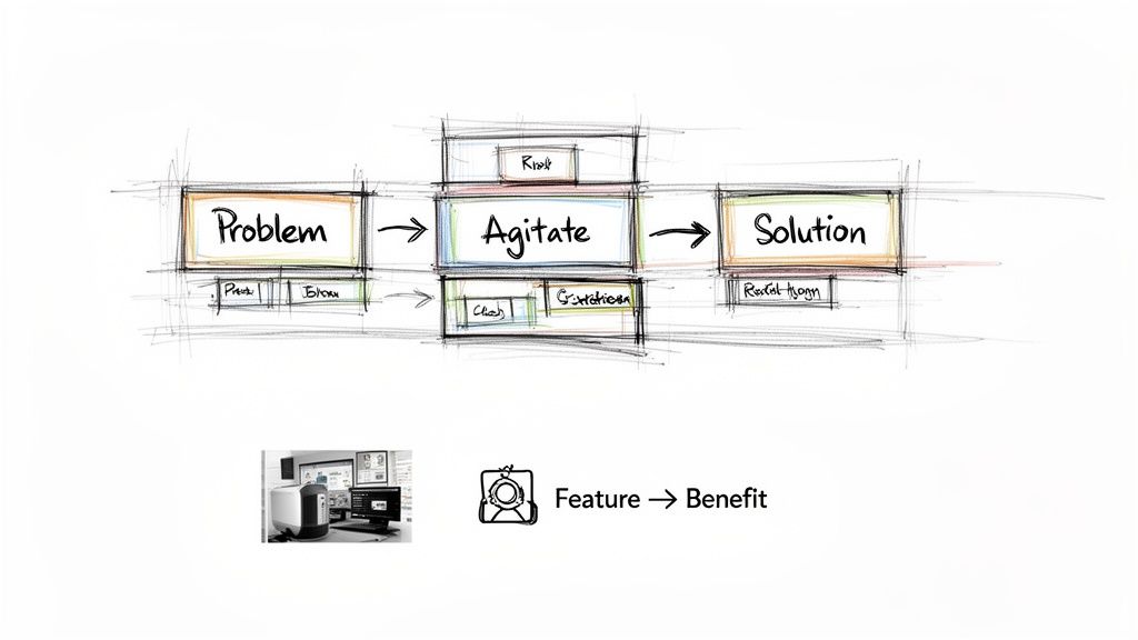 Hand-drawn diagram illustrating a marketing strategy flow: Problem, Agitate, Solution, and Feature-Benefit.